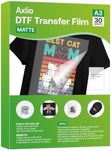 30 Sheets DTF Transfer Film Paper A3 (11.7" x 16.5") Double Sided Matte Clear Pretreat Sheets, PET Heat Transfer Paper for Epson Inkjet Printer DTF Printer Direct Print On T-Shirts Textile