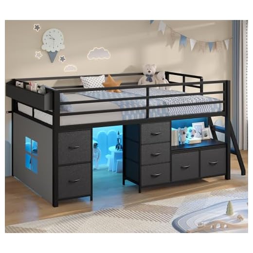 Low Loft Bed with Storage Drawers and Lights