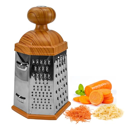 HEKOBAG 6 Lados Ralladores de Cocina, Rallador Manual de Acero Inoxidable con Base y Asa Antideslizantes, Rallador de Queso Esencial de Cocina para Rallado Grueso, Mediano, Fino, Ultrafino y Raspado
