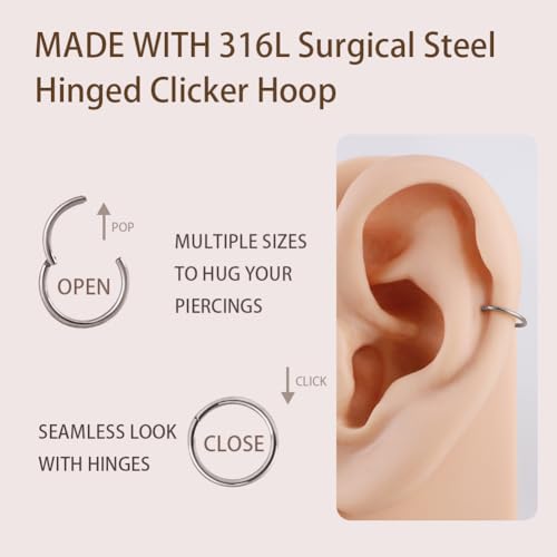 Image of FANSING Men Women 316L Surgical Steel Hinged Nose Rings Hoop for Nostril Septum Cartilage Helix Daith Tragus Rook Conch Lip Ear Lobe Piercings