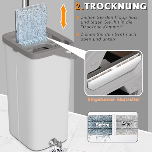 Midyb Wischmopp Set mit Eimer - Bodenwischer Set mit 10 Mikrofaser Mop Pads und 140cm Edelstahlgriff...