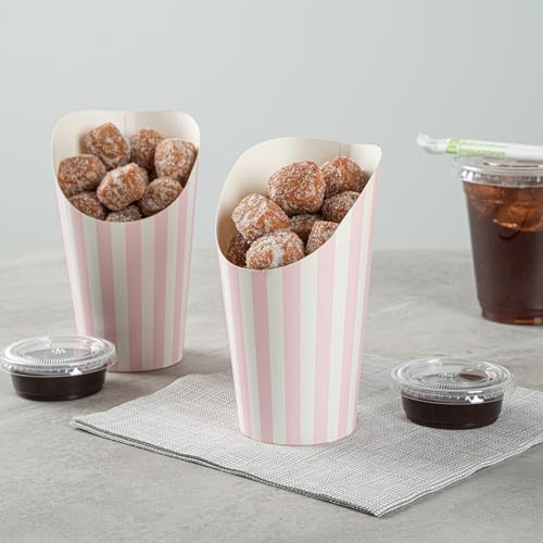 Bio Tek 16 Ounce French Fry Containers, 100 Disposable Charcuterie Cups - Incline Design, Round, Striped Paper French Fry Cups, Stackable, For Waffles, Chips, or Popcorn - Restaurantware by Restaurantware - Image 7