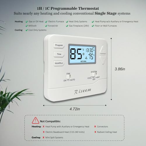 Programmable Thermostat, Single-Stage, 1 Heat/1 Cool, Energy-Saving Thermostat for Home Comfort, White Backlight