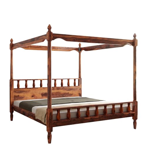 Image of Solid Sheesham Wood Poster Bed Without Storage Wooden Double Bed for Bedroom Living Room Home (Honey, King Size (72 x 78 Inches))