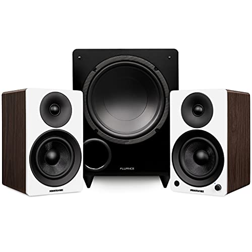 Fluance Ai41 Powered 5' Stereo Bookshelf Speakers (White Walnut), DB10 10' Low Frequency Ported Front Firing Powered Subwoofer (Natural Walnut), 15 Feet RCA Ultimate Performance Subwoofer Cable