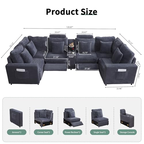 Image of RARZOE Oversized Modular Sectional Sofa with 2 Power Recliner, 6-Seater U-Shaped Corduroy Reclining Couch with Storage Console Charging Cup Holders, Fluffy Comfy Cloud Sofa Couch for Living Room,Grey