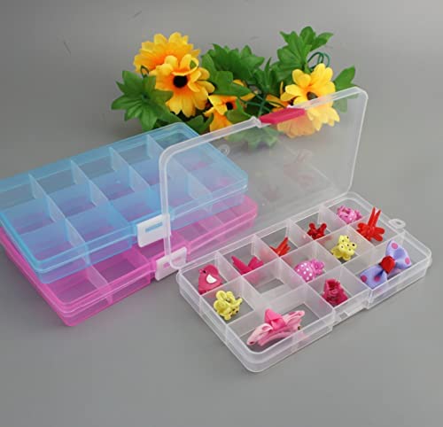 Image of Juvielich 2PCS Clear Plastic Organizer Box, 15 Grids Storage Container Jewelry Box with Adjustable Dividers, for Beads Art DIY Crafts Jewelry Fishing Tackles 6.69 inchx3.94 inchx0.91 inch(LxWxH)