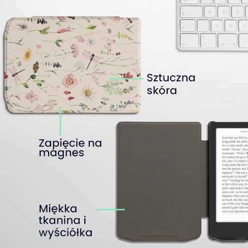 kwmobile Etui na czytnik e-booków kompatybilne z Pocketbook Verse/Verse Lite/Verse Pro/Color/Vivlio Light/Light HD - zamknięcie magnetyczne - etui na czytnik - Daisy paprocie w kolorze białym/żółtym