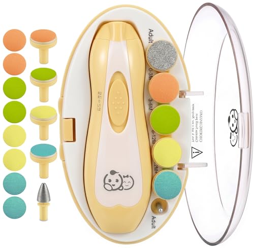 Image of Royal Angels Upgraded 21 in 1 Baby Nail Trimmer with Labeled Case, 13 Extra Replacement Pads, Safe Electric Baby Nail File Kit for Newborn & Toddler, Whisper Quiet Nail Clipper with LED Light (Yellow)