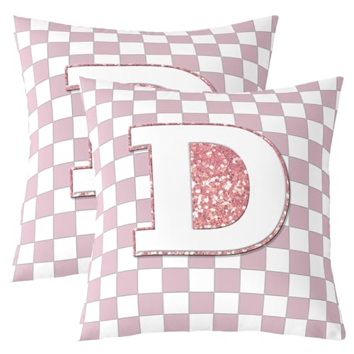 Image of Erosebridal Pink Initial D Throw Pillow Covers 18x18 Set of 2 Kawaii Plaid Checkered Pillow Covers Cute Personalized Monogram Cushion Cover Fashion Grids Gingham Pillow Cases for Couch Sofa