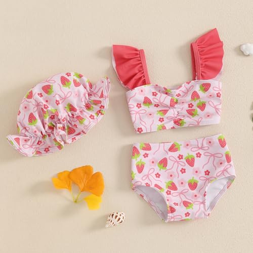 Toddler Baby Girl Swimsuit Infant Fly Sleeve Swimwear Tank Tops with Shorts and Hat Bathing Suit 3Pcs Summer Outfit