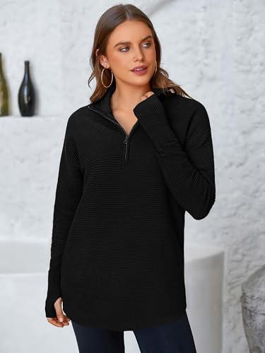 Image of PRETTYGARDEN Womens Long Sleeve Quarter Zip Pullover Sweater | Casual Loose V Neck Sweaters with Thumb Hole, Collared Ribbed Knit Jumper Tops, Oversized Tunic Tops, Fall Outfits 2026