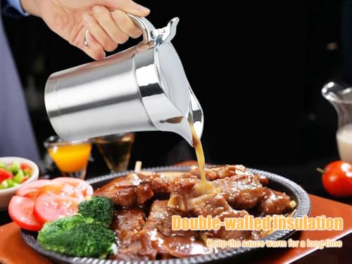 Kellegour Edelstahl Thermo Sauciere,750ml Soßenschüssel,Thermo-Sauciere mit Deckel,Soßenkanne aus doppelwandigem Edelstahl,Eleganter Silberner Saucenkrug für Soße Sahne Sauce Senf Mayonnaise