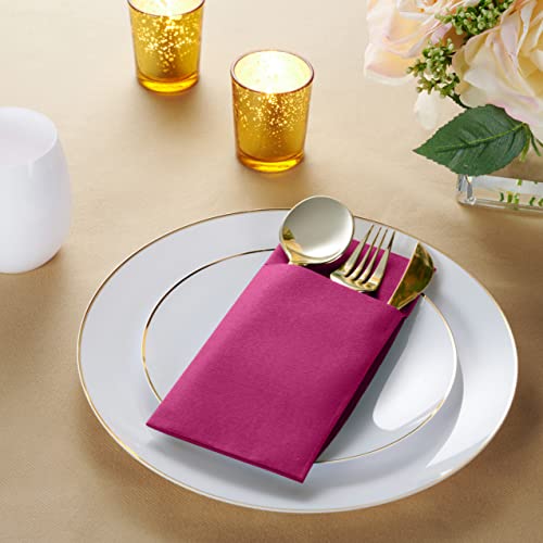 50-Pack Disposable Linen-Feel Dinner Napkins with Built-in Flatware Pocket, FUCHSIA Prefolded Cloth Like Paper Napkins For Dinner, Wedding Or Party [Silverware NOT Included] - Thumbnail 2