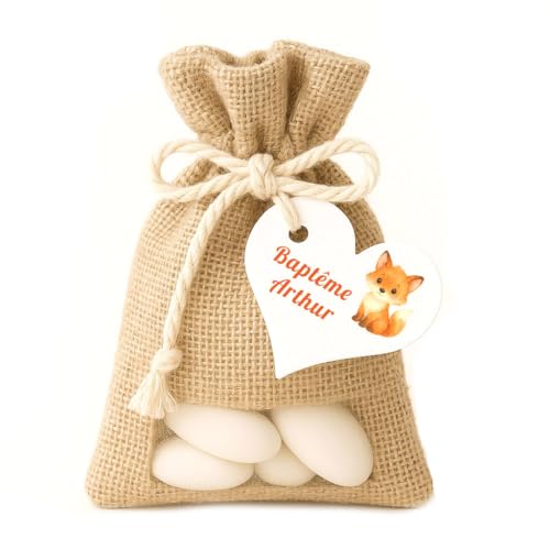 Étiquettes cœur baptême renard – Lot de 25 – 4 cm – Tags pochons dragées, cadeaux invités mariage, communion, baby shower
