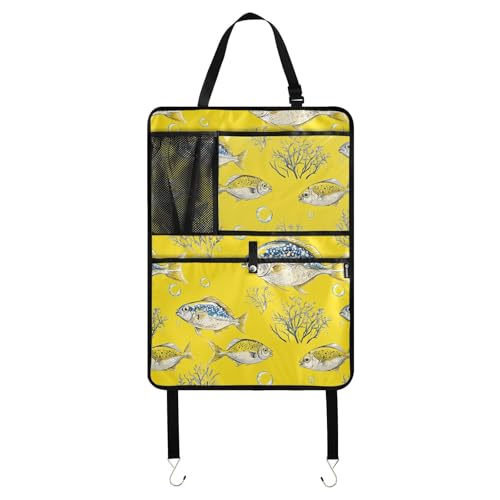 Organizador para asiento trasero, organizador para colgar en el coche, para tableta, niños, patadas detrás del asiento, divertidos peces pompano, color amarillo