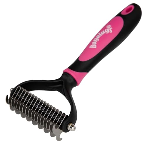 BUGALUGS Pet Grooming Brush - Double Sided Shedding and Dematting Undercoat Rake, Dog Grooming Brush, Dog Shedding Brush, Cat Grooming Brush, Dog Comb, Cat Brush for Long Haired Cats