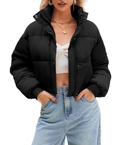 WHN Women’s Cropped Puffer Jacket Lightweight Quilted Jackets Long Sleeve Stand Collar Zipper Winter Outerwear Coat Black L
