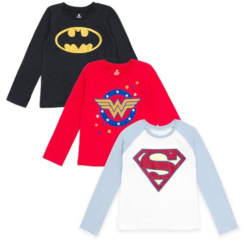 DC Comics Justice League Batman Superman Wonder Woman Girls 3 Pack Long Sleeve T-Shirts Little Kid to Big Kid