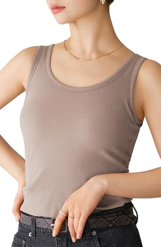 [バンビウォーター] カップ付き タンクトップ ブラトップ [特許取得] レディース 綿 リブ ブラ付き トップス 無地 (L,グレージュ)