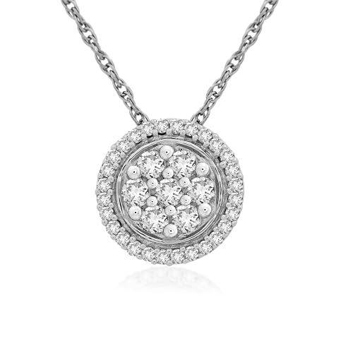 Jewelili Sterling Silver 1/4 Cttw Natural White Round Diamond Halo Cluster Pendant Necklace, 18" Rope Chain #TOP20