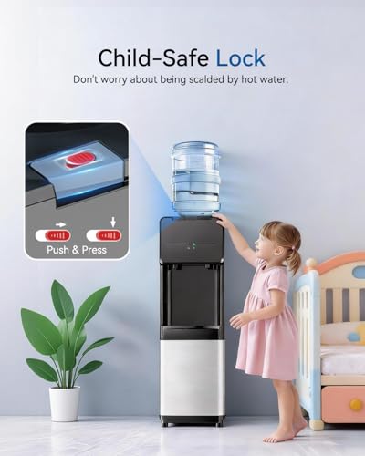 Feelfunn Top Loading Water Dispenser for 3 or 5 Gallon Bottles, Hot & Cold Water Dispenser, Water Cooler Dispenser with Child Safety Lock for Home Office Kitchen Apartment, Black & Stainless