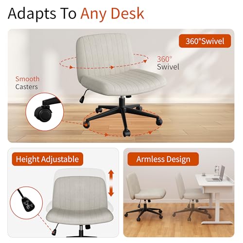 Image of Criss Cross Chair with Wheels, Cross Legged Office Chair, Armless Office Chairs Adjustable Height Swivel Tilting Fabric Vanity Chairs for Home Bedroom (Beige)