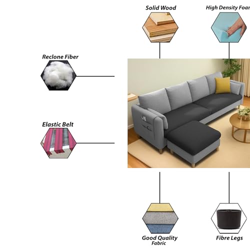 Image of Globin 3 Seater Sofa with Center Table Set for Living Room (Turquise) Premium Fabric Sofa (Black Grey)