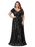 Giffniseti Women's Plus Size V Neck Sequin Formal Maxi Dress A-Line Prom Evening Party Gowns Black