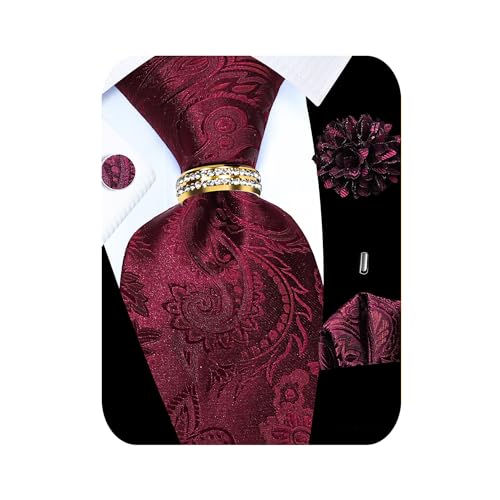 Image of 5PCS Tie and Pocket Square for Men, Silk Necktie and Handkerchief Cufflinks with Gold Ring and Lapel Pin Set