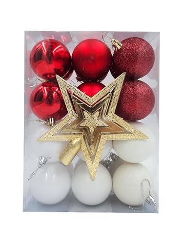 24 Bolas de Natal Lisas/Foscas/Glitter 6cm + Ponteira (Vermelho e Branco)