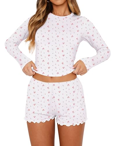 Image of REVETRO Fall Womens 2 Piece Pajama Sets Sexy PJ Shorts Y2k V Neck Long Sleeve Lounge Set Sleepwear with Button Down