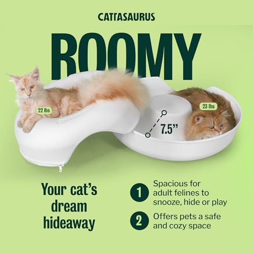 Image of Cattasaurus Peekaboo Cat Cave Donut for Multiple & Large Cats up to 30-45 lbs, 3-in-1 Self Warming Cat Bed, Tunnel & Scratcher for Indoor Cats, Washable & Detachable Small Dog Bed (White, Large)