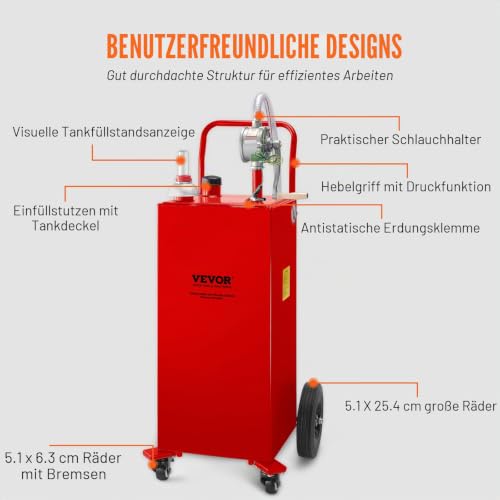 VEVOR 30-Gallonen-Kraftstoffbehälter, Gasspeichertank und 4 Räder, mit manueller Transferpumpe, Benzin-Diesel-Kraftstoffbehälter für Autos, Rasenmäher, Geländefahrzeuge, Boote usw., Rot