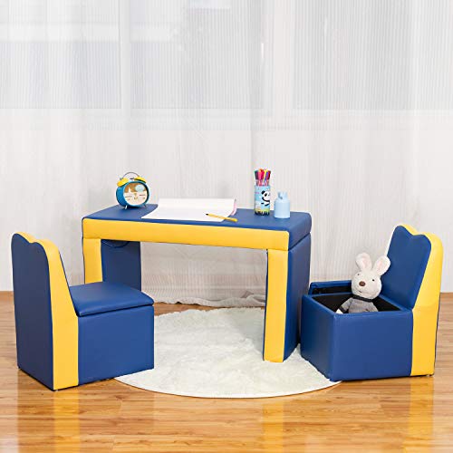 Kids Leather Sofa Armchair Compact Design Multifunctional 2In1 Children's Armchair Padded Table And Chair Set With Storage For Girls And Boys 3 Piece Kids Furniture Set No Assembly Required #TOP2