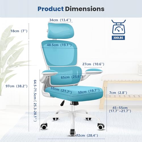 Razzor Ergonomic Office Chair, High Back Mesh Desk Chair with Lumbar Support and Adjustable Headrest, Computer Gaming Chair with Flip-up Armrests, Executive Swivel Chair for Home Office (Blue)