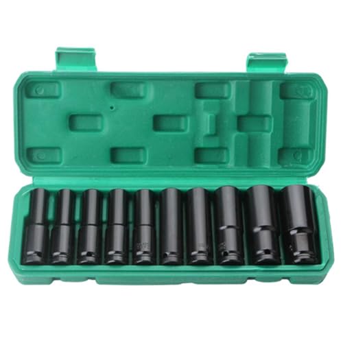 Jogo de Soquetes de Impacto 1/2 Profundos 10 Peças (8-24mm) - Cr-V - Alta Torque - Caixinha Organizadora - Ideal Carros e DIY