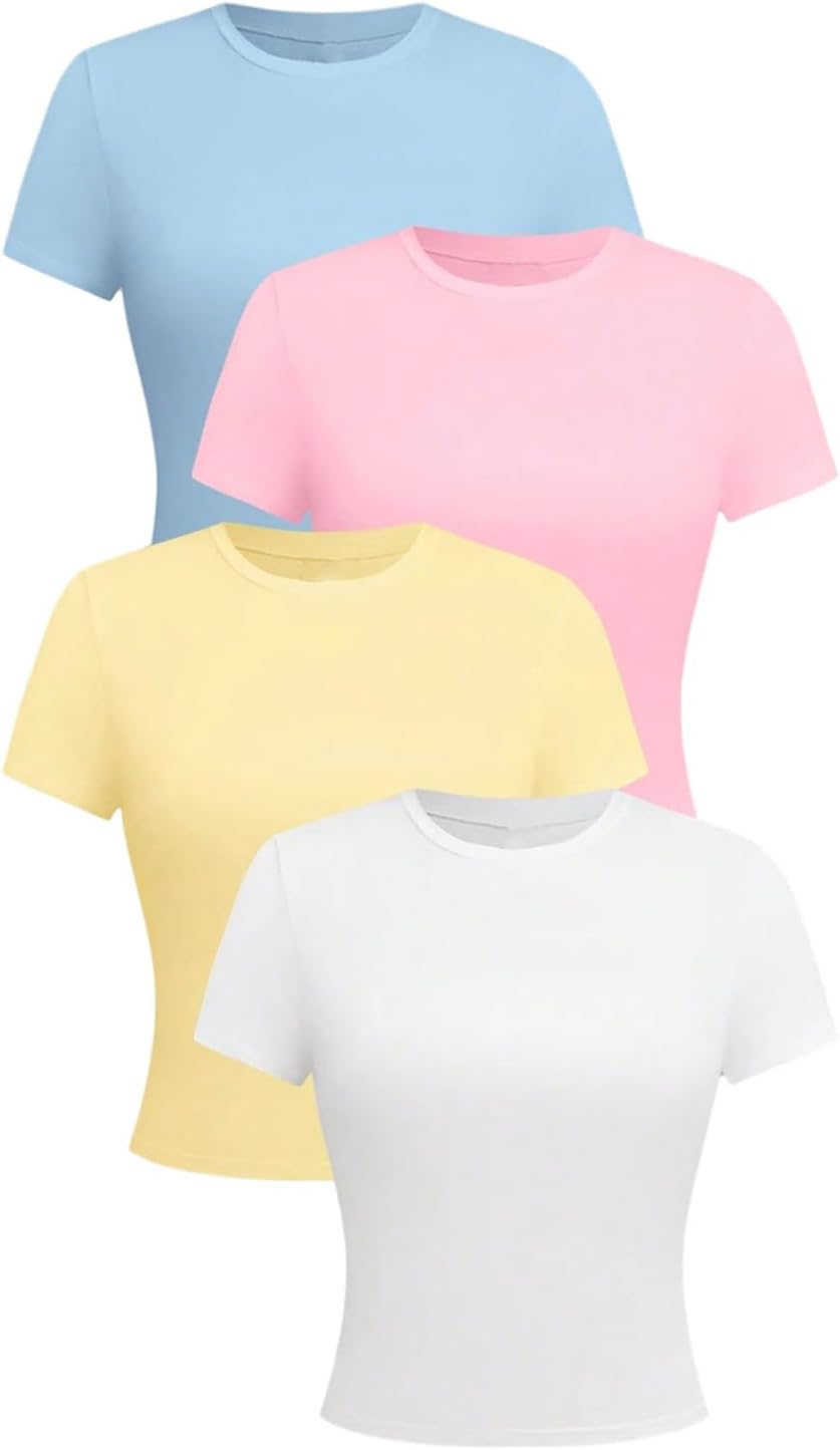 SOLY HUX Women's Crew Neck Short Sleeve T-Shirts 4 Packs Crop Tops Slim Fitted Going Out Tees