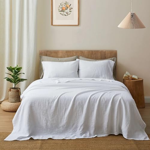 ATLINIA 100% Pure Flax Linen Bedding Set - Stone Washed French Linen Fabric Deep Pocket Fitted Sheet Farmhouse Flat Sheet 2 Pillowcases (White, Queen)