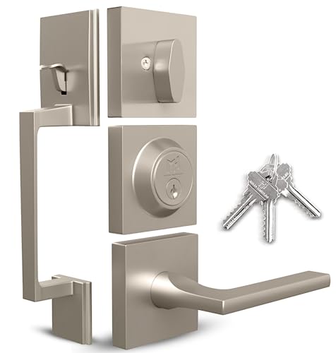 Image of Mega Handles - TOBELLE Silver Entry Door Handleset - Single Cylinder Handleset with Lever for Entrance and Front Doors - Modern Door Handles for Left and Right-Handed Doors - Straight Handle