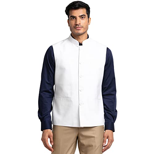 Image of Raymond Men's Contemporary Fit Pure Cotton Solid Pattern Sleeveless White Ceremonial Waistcoat