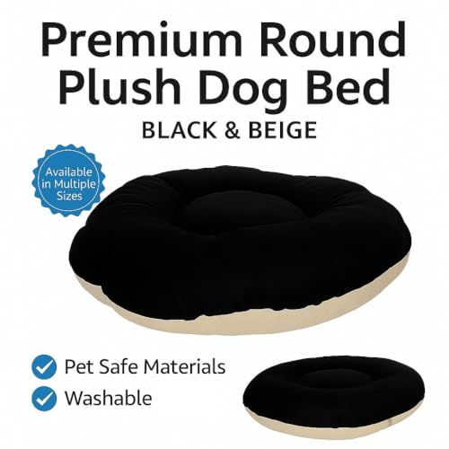 Image of The Pets Company Calming Dog & Cat Bed | Soft Fluffy Donut Reversible, Washable Pet Bed for Puppies | Cozy Plush Anti-Anxiety Cushion |, (L-34 Inch x B-34 Inch x H-5.5 Inch), Black & Beige-Large
