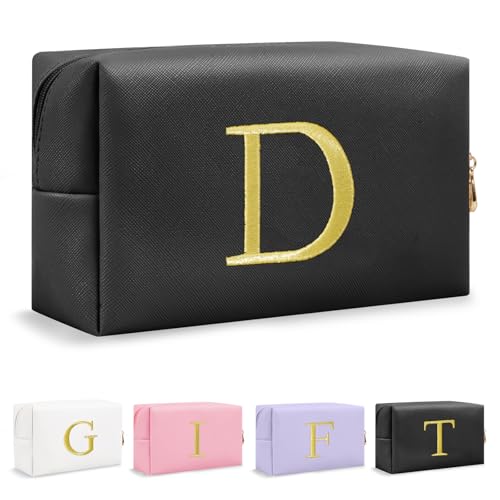 Personalized Gift Initial Makeup Bag,Preppy Gold Embroidered Letter Cosmetic Bag Stocking Stuffers for Teen Girls,Small Travel Toiletry Bag,Custom Christmas Birthday Gift for Women Mom Kids(Black-D)