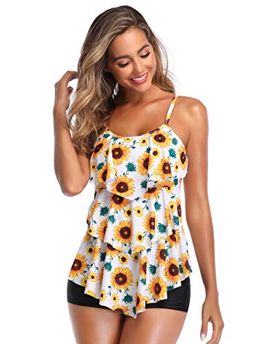 Summer Mae Women 2 Piece Flounce Sunflower Printed Top With Boyshorts Tankini Swimsuits Sunflower M #TOP4