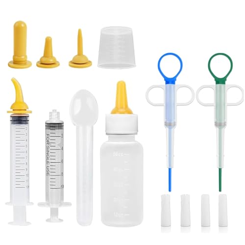 RFYTDCF 11 Stück Aufzuchtflasche Katze mit Tablettengeber für Katzen, Aufzuchtmilch Katzen Set Abnehmbar Haustier Fütterung Silikon Nippel und Spritzen Mini Flasche Messbecher für Katzenaufzuchtmilch