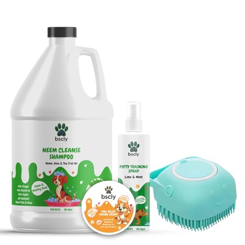 Image of Bscly Neem Pet Herbal Shampoo + Bath Brush Combo Pack, Ticks & Fleas Prevention, Enriched with Aloe & Coconut Oil, Ph Balanced Dog Shampoo, Heals Skin, Suitable for Pomeranians to Golden Retrievers