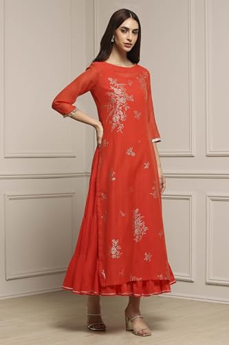 Image of Biba Women's Poly Chanderi 3 /4 Sleeves Calf Length Round Neck A-Line Casual Dress