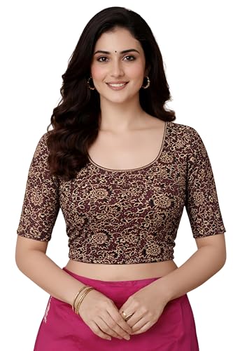Image of Amazon Brand - Anarva Women's Kalamkari Print Cotton Stretchable Round Neck Readymade Saree Blouse