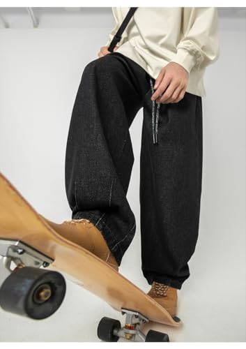 Men's Baggy Jeans Casual Wide Leg Hip Hop Elastic Waist Drawstring Denim Pants Streetwear Skateboard Pants4