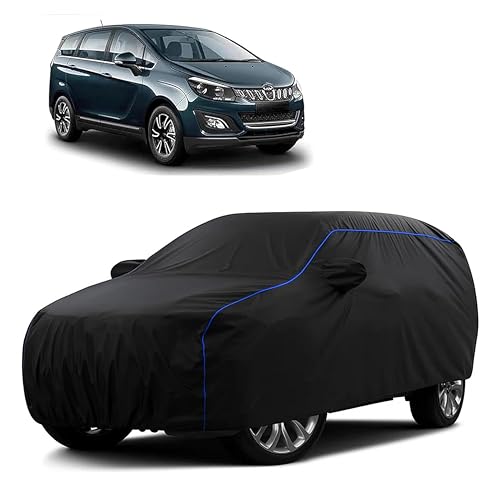 Image of Sulfar 100% Water Resistant Car Body Cover Compatible with Mirror for Mahindra Marazzo (Triple Stitched, Full Bottom Elastic, Black Tafetta with Blue Piping)